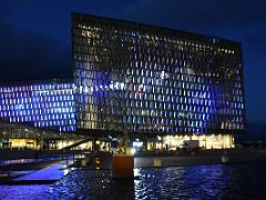 01B Harpa Concert Hall was opened in 2011 and features a distinctive colored glass facade inspired by the basalt landscape of Iceland at night Reykjavik Iceland