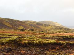 02D Red soil, green moss covered black lava, and red and green craters in Berserkjahraun lava field Snaefellsnes Peninsula Iceland