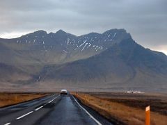 01A Driving on road 54 with Hafursfell mountain ahead on Snaefellsnes Peninsula Iceland