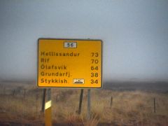 03A Road 56 distance sign to Stykkisholmur 34km and Hellissandur 73km on Snaefellsnes Peninsula drive to Stykkisholmur Iceland