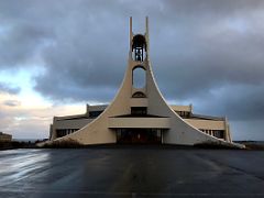 02B The beautiful modern white Stykkisholmskirkja church designed by Jon Haraldsson in Stykkisholmur on Snaefellsnes Peninsula Iceland