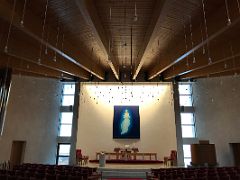 02C Stykkisholmskirkja church has hundreds of suspended bulbs and a painting of the Madonna and Child by Kristin Gunnlaugsdottir in Stykkisholmur on Snaefellsnes Peninsula Iceland