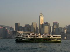 02B A Star Ferry in Victoria Harbour with Wan Chan skyscraper Central Plaza and Hong Kong Convention and Exhibition Centre Hong Kong