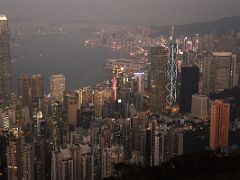 08C Hong Kong skyscrapers include International Finance Centre IFC, Cheung Kong Centre, Bank Of China Tower lit up after sunset Lugard Road Victoria Peak Hong Kong