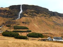 06A Bjarnarfoss waterfall falls 80m in two tiers from basalt cliffs next to road 54 on the south coast of Snaefellsnes Peninsula Iceland