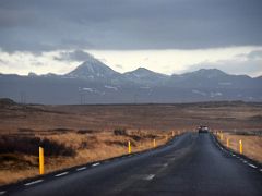 08B Driving on road 54 to the east with Skyrtunna mountain in the distance on the south coast of Snaefellsnes Peninsula Iceland