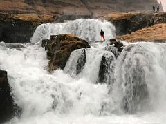 06A Looking up at the two Kirkjufellfoss waterfalls near Grundarfjordur Snaefellsnes Peninsula Iceland