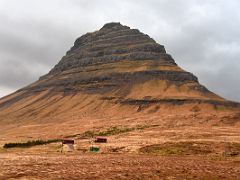 07B Halsabol Sumarhus summerhouse with Kirkjufell Church Mountain behind from road 54 near Grundarfjordur Snaefellsnes Peninsula Iceland