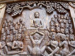 03D Wood Carving Of God Exhorting Buddha To Teach The Dharma After His Enlightenment At The Peace Pagoda In Darjeeling Near Sikkim India