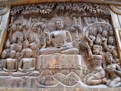 03F Wood Carving Of Gift Of Mango Grove To Buddha By Amrapali At Vaishali At The Peace Pagoda In Darjeeling Near Sikkim India