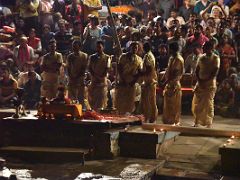 03B The Seven Brahmins Gather In Front Of One Of The Platforms To Begin The Ganga Aarti Fire Ceremony On The Banks Of The Ganges Varanasi India