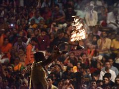 06A A Brahmin Waves A Multi-Tiered Fire Lamp In The Ganga Aarti Fire Ceremony On The Banks Of The Ganges Varanasi India