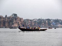 08B A Large Tourist Boat On The Ganges River At Sunrise With Ghats Behind Varanasi India