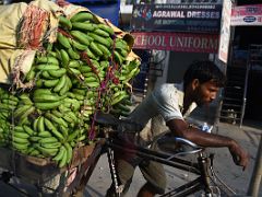 01D A Bicycle Rickshaw Carries Bananas On The Crowded Street Of Varanasi Old Town India