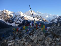 04A The Prayer Flags On Goecha La 4600m With Kabru North, Goecha Peak, Kangchenjunga South Just After Sunrise On The Goecha La Kangchenjunga Trek