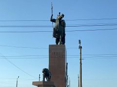 02A Driving past a statue of legendary Manas on the way from Osh Airport to Osh Kyrgyzstan on the way to Lenin Peak Base Camp