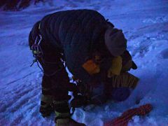 03B Lal Sing Tamang getting ready to leave crampon point to climb to Ak-Sai Travel Lenin Peak Camp 2 5400m