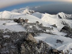 01A Dzerzhinsky Peak, Pik Krasina, Pik Tsyurupy, Camp 3 on Razdelnaya Peak, Peak of the 30th Anniversary of the USSR in the dawn light after leaving Lenin Peak camp 4 6430m