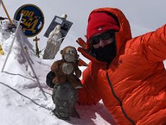 14B Jerome Ryan, Dangles and the bust of Lenin close up on the Lenin Peak summit 7134m