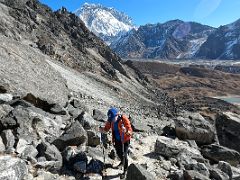 05B Ascending the scree slope with Nuptse behind on the way to Lobuche East Base Camp