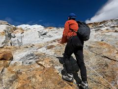 11A Nearing the ridge with Lobuche Peak becoming visible as I climb on gentle rocky boulder slabs with hand ropes on the way to Lobuche East High Camp 5600m