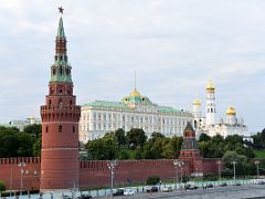 14B West View of the Kremlin from across the Moscow River includes Vodovzvodnaya Tower, Grand Kremlin Palace, Cathedral of the Dormition Assumption Moscow Russia