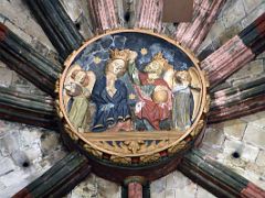 03D Coronation of the Virgin Mary painted keystone on the rib-vaulted ceiling above the main altar of Basilica Santa Maria del Mar Barcelona Spain