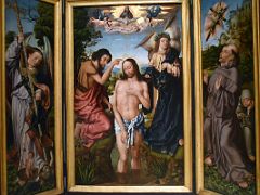 01A 1500-20 Triptych of the Baptism of Christ - Master of Frankfurt - Saint Michael weighs a soul, Baptism, Saint Francis of Assisi receives stigmata - Museu Nacional Barcelona Spain