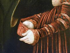 08C 1517 The Ill-Matched Couple - Lucas Cranach the Elder - detail she puts her hand and steals from the old man - Museu Nacional Art de Catalunya Barcelona Spain