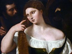 10A After 1515 Girl Before the Mirror - Titian - a young woman combs her hair with the help of two mirrors held by a man - Museu Nacional Art de Catalunya Barcelona Spain