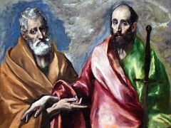 15A 1590-1600 Saint Peter and Saint Paul - El Greco - Peter gestures towards Paul, who proudly holds his attribute, the sword - Museu Nacional Art de Catalunya Barcelona Spain