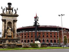 06C Placa Espanya fountain sculptures with Plaza de toros de las Arenas bullring near Museu Nacional Art de Catalunya Barcelona Spain