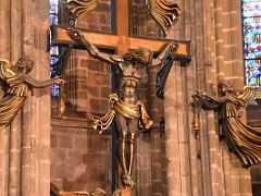 05C The high altar is dominated by the Holy Christ statue close up Barcelona Cathedral Spain