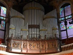 06A The pipe organ with muses carved into the wood in the concert auditorium Palau de la Musica Catalana Barcelona Spain