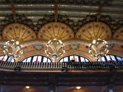 08B Looking up at the mosaic patterned ceiling in the concert auditorium Palau de la Musica Catalana Barcelona Spain