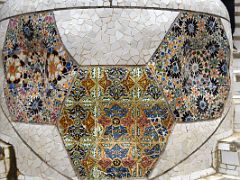 13 The entrance stairway is split with trencadis mosaic made of tile shards Park Guell Barcelona Spain