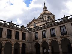 01D Tourist Entrance Courtyard With Basilica Dome Towering Above At El Escorial Monastery Near Madrid Spain