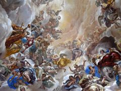 10C The Glory of the Spanish Monarchy Ceiling Painting By Luca Giordano Above The Great Staircase Close Up At El Escorial Near Madrid Spain