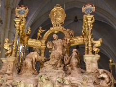 03A Transfiguration sculpture as Jesus rises and Moses and Elias pray on either side of him - by Alonso Berruguete Choir Toledo Cathedral Spain