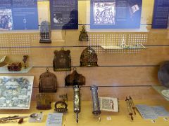 09A Many historical Hispanic-Jewish and Sephardic culture items in a display case Museo Sefardi in El Transito Synagogue Toledo Spain