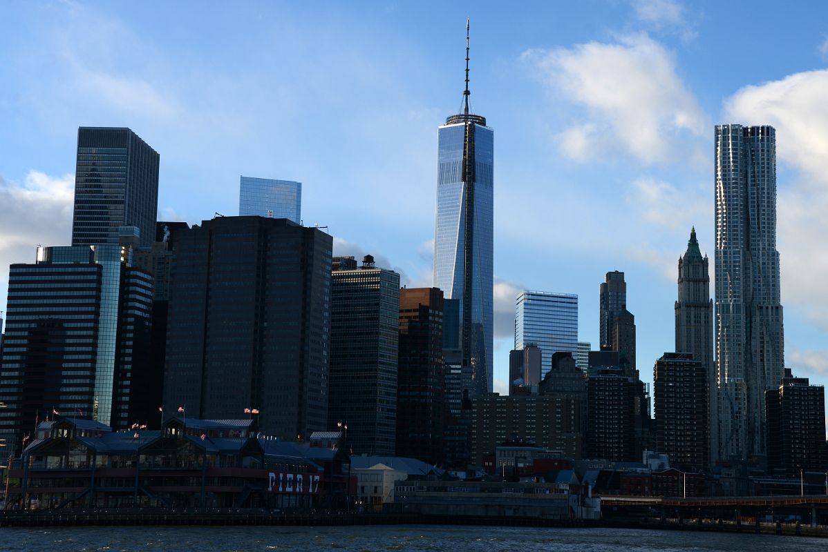 36 New York One Chase Manhattan Plaza, One World Trade Center, Woolworth  Building, New York by Gehry Before Sunset From Brooklyn Heights