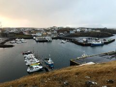 10B Looking down at the harbour and buildings of Stykkisholmur from Sugandisey Cliff Snaefellsnes Peninsula Iceland