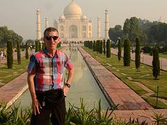 Agra Taj Mahal 06 Jerome Ryan With Taj Mahal Reflected In Pool From Entrance Darwaza Great Gate Just After Sunrise