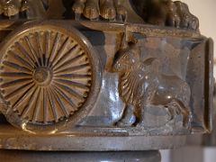 04B Ashoka Chakra Wheel And A Bull Carved On The Abacus Below The Lion Capital Of Askokan Pillar In Sarnath India Archeological Building