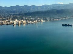 00A The Kingston harbour and waterfront area stretching to the hills beyond from an airplane Kingston Jamaica