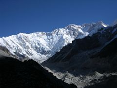 Kangchenjunga 08 02 Kangchenjunga Massif from South at Oktang The broad snow and ice covered south face of the Kangchenjunga Massif glistens in the early morning sunshine from Oktang (4800m), a chorten topped with prayer…