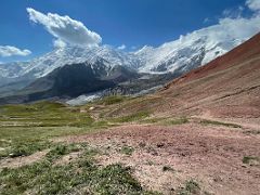 08C View from Travellers Pass 4133m with Peak of the 19th Party Congress of the CPSU left, Pik Spartak centre, and Lenin Peak right on the way to Ak-Sai Travel Lenin Peak Camp 1 4400m