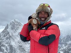 12C Mountaineering guide Lal Sing Tamang with Dangles on the Lobuche East Peak fore summit with Taboche beyond