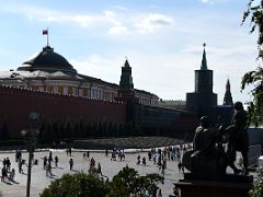 02B Dome of Kremlin Senate, Senatskaya Tower, Lenin Mausoleum Tomb with Statues of Kuzma Minin and Dmitry Pozharsky from St Basil Cathedral Red Square Moscow Russia