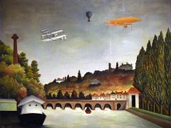 1908 View of the Bridge in Sevres and the Hills of Clamart, Saint-Cloud and Bellevue with biplane, balloon and dirigible - Henri Rousseau - Pushkin Museum Moscow Russia